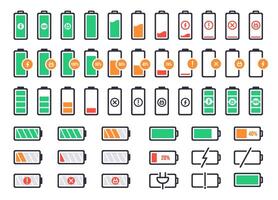 Battery charging logo. Charge power level, smartphone accumulator energy status. Cell phone battery signal indicators vector isolated icons set. Empty and full battery status on white background