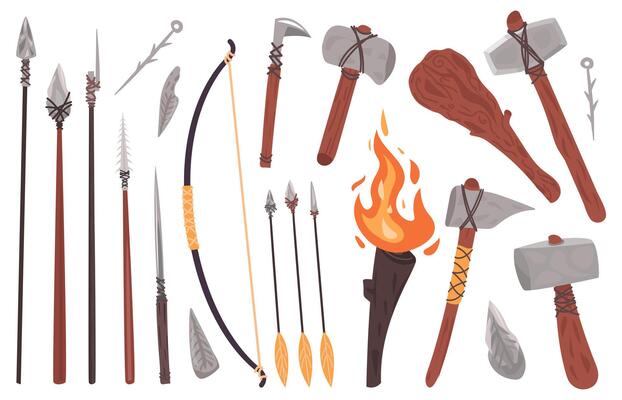 Primitive culture tools. Stone age stone or wooden weapon, hammer, spear, axe, fire torch. Prehistoric caveman primitive weapon vector illustration set