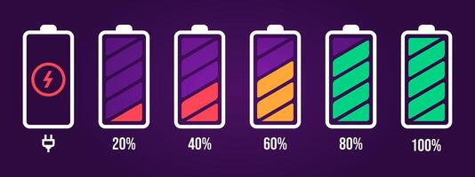 energía nivel icono. cargar carga, teléfono batería indicador, teléfono inteligente poder nivel, acumulador energía vacío y lleno estado vector íconos colocar. cargando batería firmar paquete aislado en púrpura antecedentes