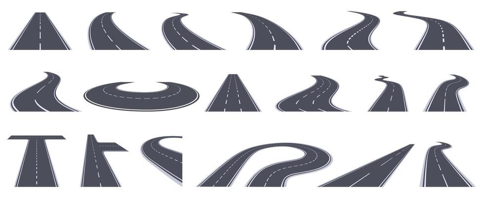 Road perspective view. Curving highway roads, bend asphalt roads in perspective. Turn town urban roads isolated vector illustration set