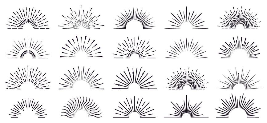 Vintage sunburst. Retro radiant sunburst, starburst hand drawn label, sun rays, firework radiant rays. Bursting explosion lines vector isolated icon set
