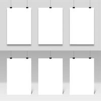 Poster mockup hanging on paperclips. Realistic posters frames template vector set. White paper boards with binders. Stationery accessories, office items. Collection of blank placards