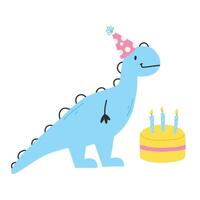 Happy birthday card with dinosaur. Cute illustration with dino and cake. Vector illustration isolated on white background.