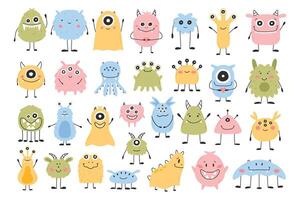 Set with cute monsters in flat style. Hand drawn kids monsters. vector illustration. Isolated mascot.