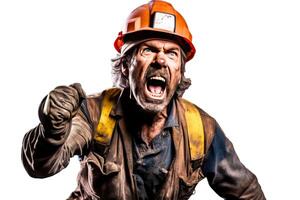 AI generated Close up of mountain worker male miner in uniform with tool, stern angry, white background isolate. photo