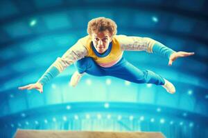 ai generado masculino atleta en Deportes uniforme en vuelo saltando en el aire, estadio antecedentes. foto