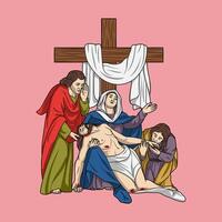 Descent of Jesus Christ from the Cross with Mary, John and Magdalene Colored Vector Illustration