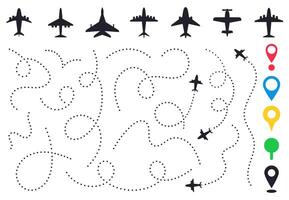 Plane route line. Planes dotted flight pathway, travel destination airplane track, planes and traveling routes vector illustration icons set