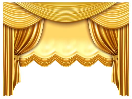 Golden stage curtain. Realistic silk curtains, luxury opera scene backdrop, gold opera, theater scene portiere drapes vector illustration