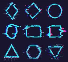 Glitch damage frames. Distortion abstract figures, geometry glitch noise defect frame, square, circle, triangle elements vector illustration set