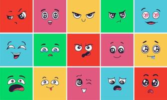 Cartoon face expressions. Surprising look faces, angry mood and doodle head vector illustration set. Cheerful, disappointed and laughing emoticons. Crying and winking facial expression, human feelings