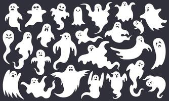 Spooky halloween ghost. Scary ghost characters, fly funny spook, cute smiling scare halloween ghost mascots vector illustration set