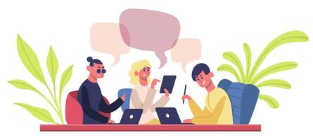 Co-working team. Young coworkers business team, freelance people in coworking space. Home office workplace vector illustration