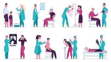 Doctor medical appointment. Medical check up, hospital health care, ultrasound and vaccination, clinic vector illustration set