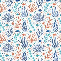 Ocean coral pattern. Underwater doodle seamless pattern, marine ocean tropical reef flora, corals and shells vector background illustration