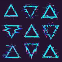 Triangle glitch frames. Distortion geometry noise defect frame, dynamic triangle elements, distorted glitch vector illustration set