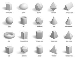 Realistic basic 3d shapes. Geometry sphere, cylinder, pyramid and cube forms, geometric shapes model isolated vector illustration icons set