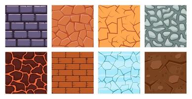 Cartoon game ground. Texture game brick surface, ice, bricks sandy desert and dirt ground layers for game level design vector illustration set