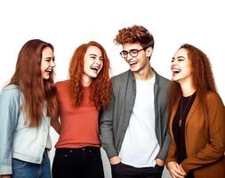 ai generado de cerca de un grupo de sonriente joven personas estudiantes en uniforme, blanco antecedentes aislar. foto