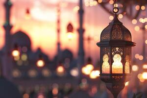 ai generado hermosa islámico Ramadán saludos con mezquita como antecedentes foto