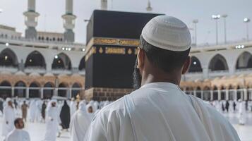 un hombre en la meca mirando hacia kaaba foto