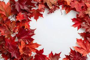 AI generated pile of maple leaves on white background photo