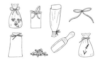 Lavender accessories set, vector black hand drawn bundle isolated elements for design on white background