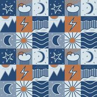 Plaid vector seamless geometric pattern with cute drawn sky and nature weather elements like moon, sun, stars, rain in blue and red muted colors