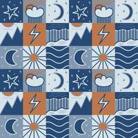 Plaid vector seamless geometric pattern with cute drawn sky and nature weather elements like moon, sun, stars, rain in blue and red muted colors