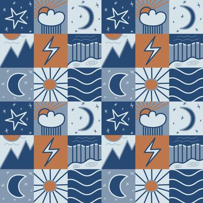 Plaid vector seamless geometric pattern with cute drawn sky and nature weather elements like moon, sun, stars, rain in blue and red muted colors