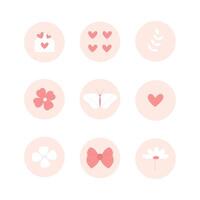 Vector set of cute highlights icons in pink color. envelope, butterfly, heart, flower.