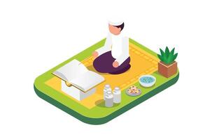 Modern Isometric Read the Qur'an in the month of Ramadan which is full of blessings Illustration Isolated Background. Suitable for Diagrams, Infographics, Game Assets, and Other Graphics vector