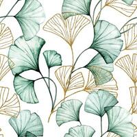 watercolor seamless pattern with transparent ginkgo leaves and gold leaves vector