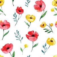 watercolor seamless pattern with wildflowers. red and yellow poppies on a white background, abstract print vector