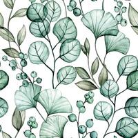 watercolor seamless pattern with transparent ginkgo and eucalyptus leaves. print vector