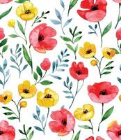 watercolor seamless pattern with wildflowers. red and yellow poppies on a white background, abstract print vector