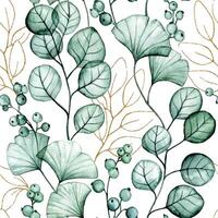 watercolor seamless pattern with transparent ginkgo and eucalyptus leaves and gold leaves. print vector