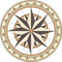 Vector wind rose circle. Round geometric brown pattern, stained glass pattern. Glass for ceilings, walls, niches or windows. Cardinal points. Star and Triangles