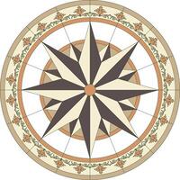 Vector wind rose circle. Round geometric brown pattern, stained glass pattern. Glass for ceilings, walls, niches or windows. Cardinal points. Star and Triangles