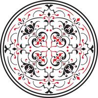 Vector round classic European ornament, red with black. Floral pattern in a circle. Antiquity of ancient greece and the roman empire.