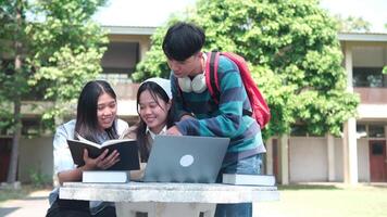 A group of friends work together on assignments and study sessions, helping each other with homework and research outside their university buildings. video