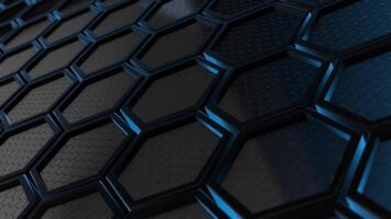 Abstract 3D background with black hexagons , realistic reflections , blue glow and moving camera effect , 4k , 60 fps video