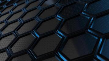 Abstract 3D background with black hexagons , realistic reflections , blue glow and moving camera effect , 4k , 60 fps video