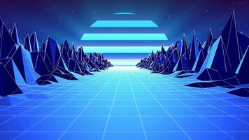 retro Animation von ein Blau Landschaft im das Synthwave Stil von das 80er Jahre und 90er Jahre mit ein glühen und ziehen um Kamera bewirken , 4k , 60 fps video