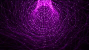 Looped animation of abstract pink purple tunnel made of hi-tech plexus of lines and dots with glow effect on a dark background , looped video, 4k , 60 fps video