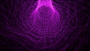 Looped animation of abstract pink purple tunnel made of hi-tech plexus of lines and dots with glow effect on a dark background , looped video, 4k , 60 fps video