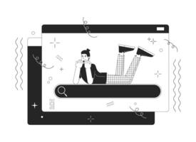 Searching information on internet 2D linear illustration concept. Positive user lying on search field cartoon outline character isolated on white. Data browsing metaphor monochrome vector art