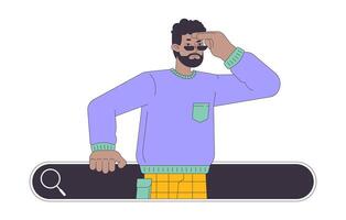 hombre teniendo problemas con en línea buscar 2d lineal dibujos animados personaje. negro masculino mirando fuera de navegador bar aislado línea vector persona blanco antecedentes. Internet fuentes color plano Mancha ilustración