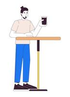 Guest male drinking coffee at table 2D linear cartoon character. Caucasian man in cafe isolated line vector person white background. Ordering beverage in cafeteria color flat spot illustration