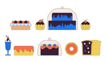 Confectionary store products 2D linear cartoon objects set. Delicious cakes isolated line vector elements white background. Desserts making small business color flat spot illustration collection